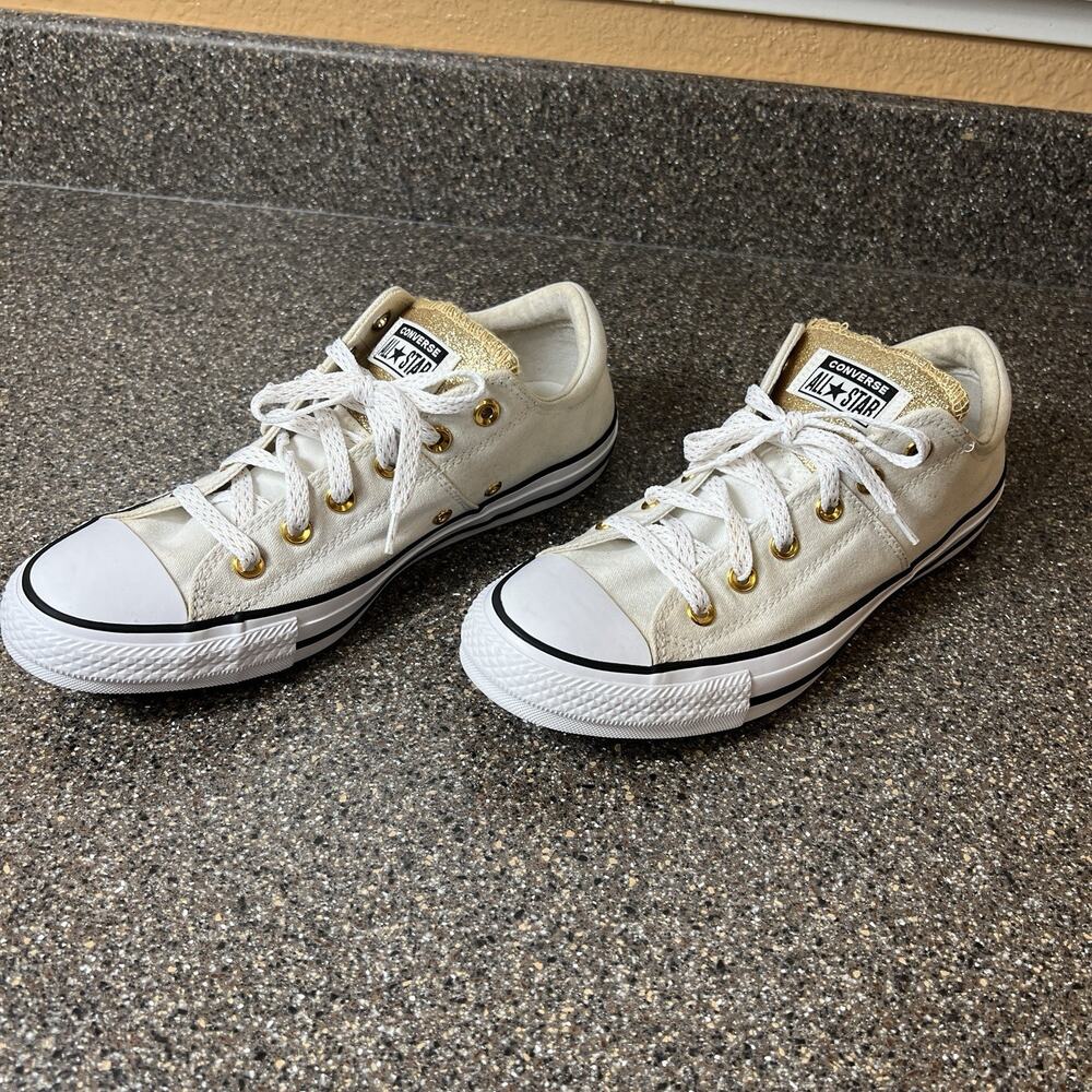 Converse Women Sz 10 Canvas Sneaker Ivory Lace Up Low Padded Tongue Gold Glitter - Picture 2 of 11